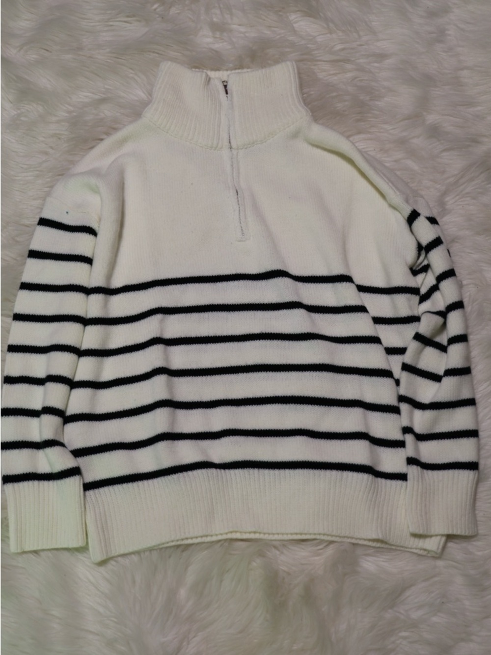 SHEIN White and Black Striped Half-Zip Sweater